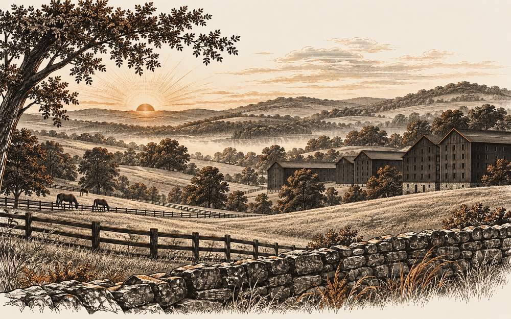 Engraving of a Kentucky distillery among rolling hills at sunrise